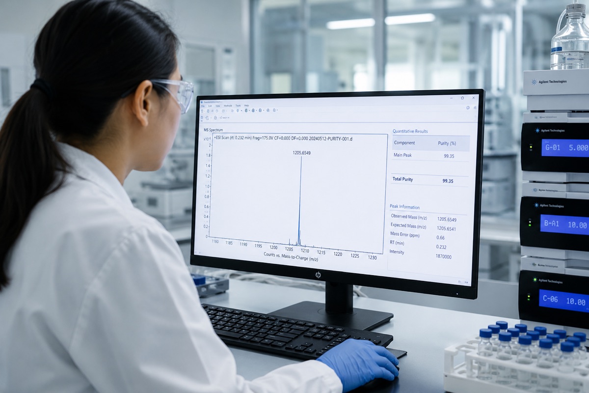 A BioStack Labs analyst handling research peptide samples at the bench during batch verification.