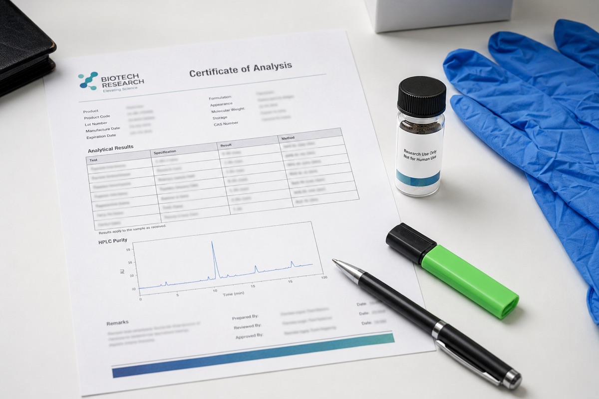 A BioStack Labs certificate of analysis paired with the batch it documents.