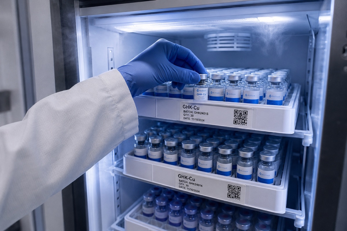 Lyophilised research peptide vials held in cold-chain storage at a BioStack Labs facility.