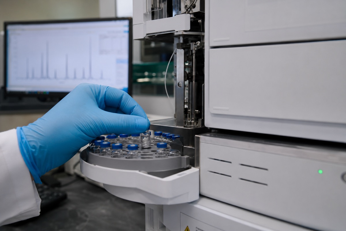 HPLC instrumentation running a purity assay on a BioStack Labs research peptide batch.
