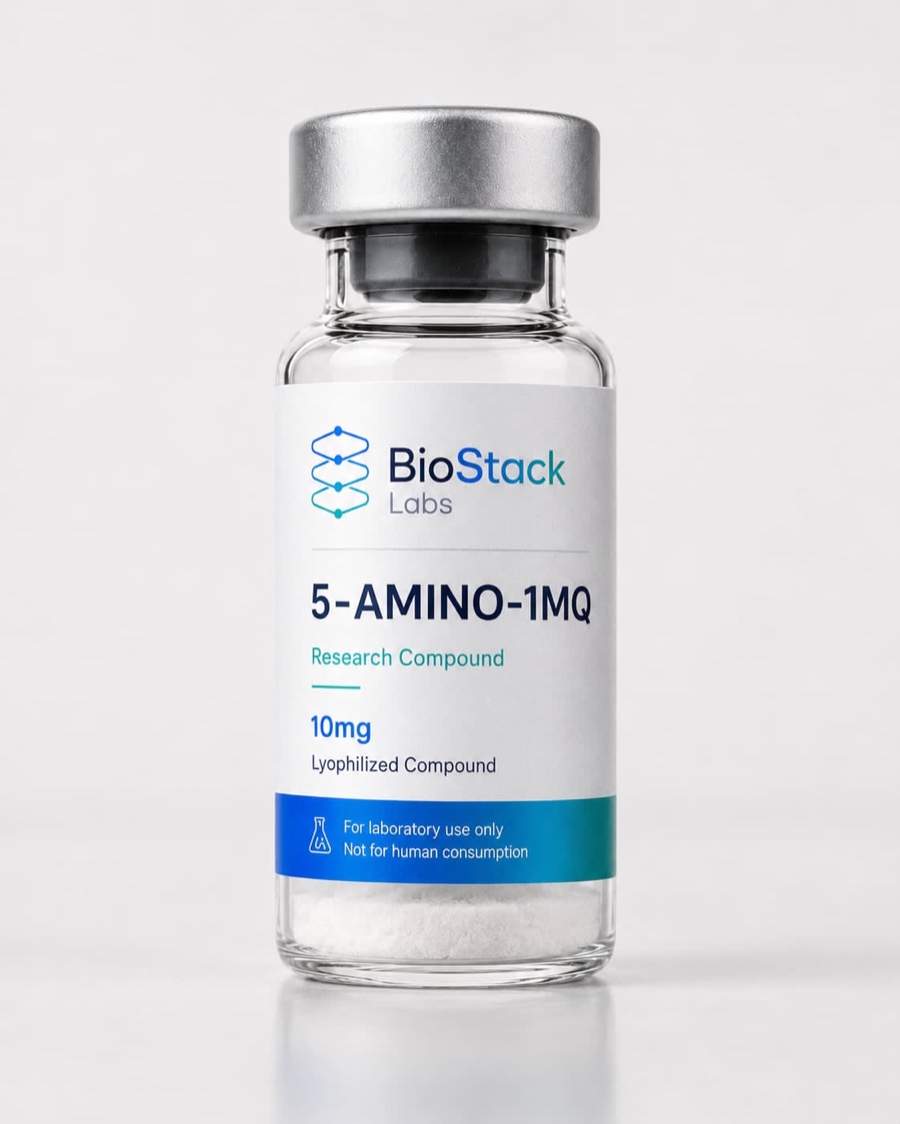 BioStack Labs 5-Amino-1MQ research compound vial, 10mg lyophilised.