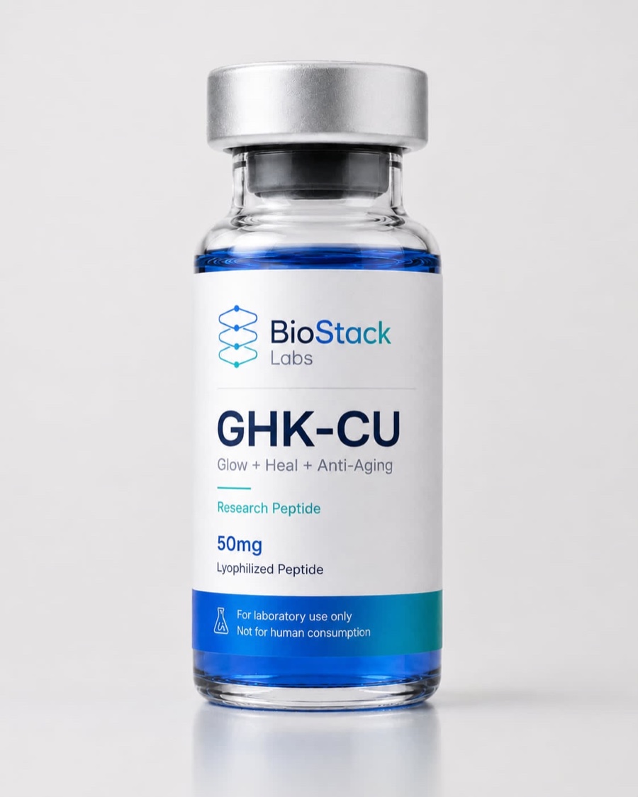 BioStack Labs GHK-Cu research peptide vial, 50mg lyophilised, blue solution.